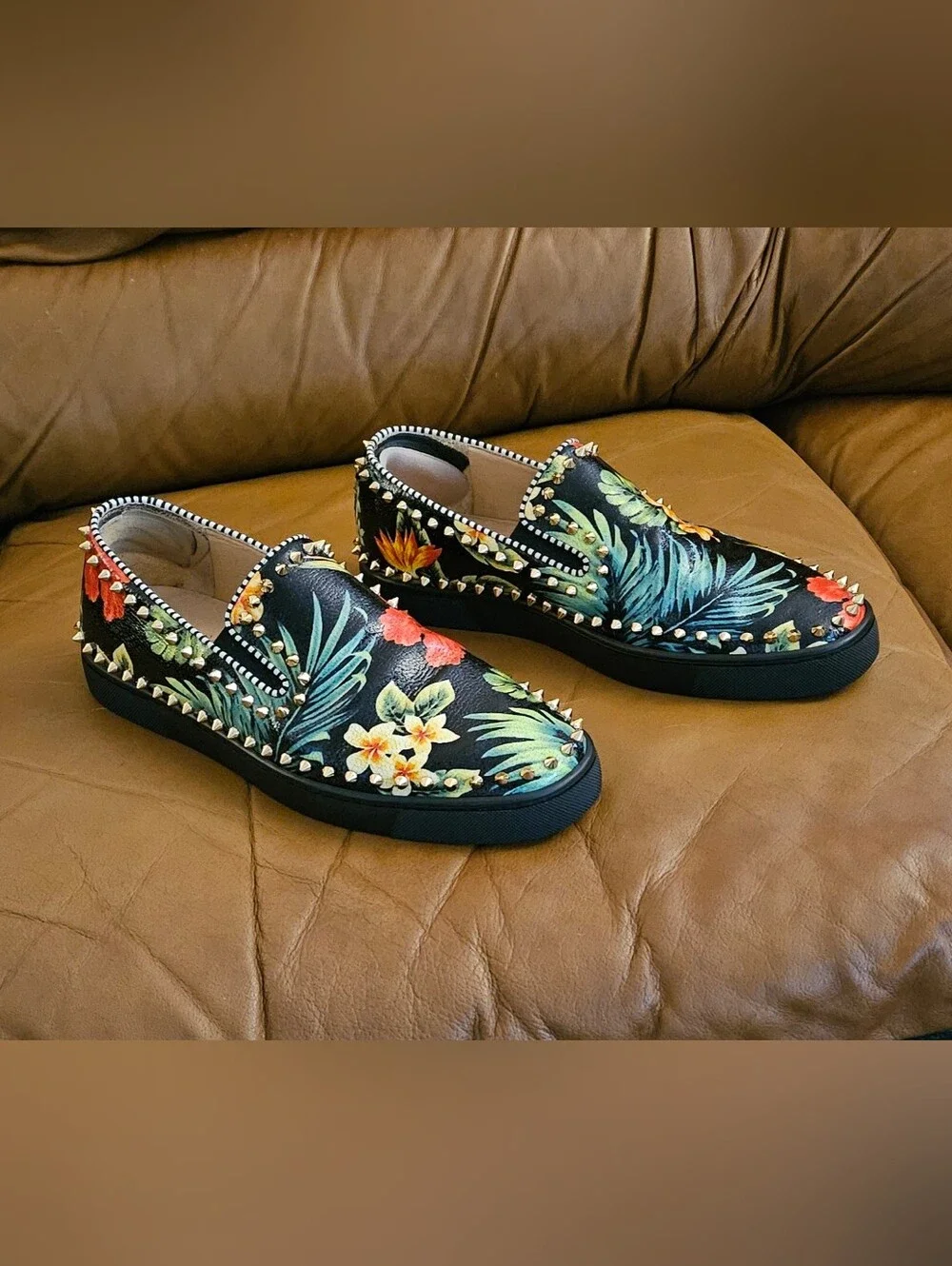 Men's Christian Louboutin Floral Spike-Studded Slip-On Loafers Size 11 US